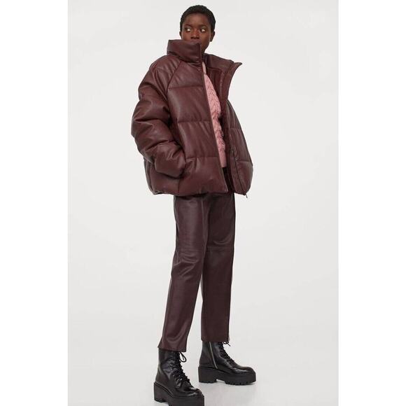 NWT Women’s H&M Vegan Leather Full Zip Puffer Jacket Size M Burgundy Winter $80‍ - Picture 1 of 11